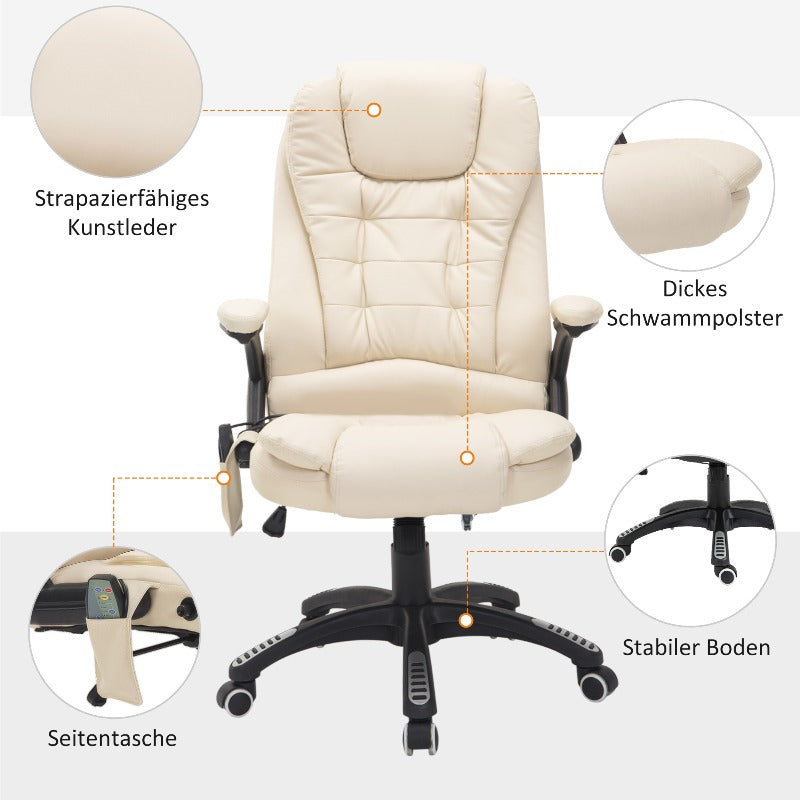 HOMCOM Massage Office Executive Chair with 6-Zone Massage & Heating, Ergonomic High Back Recliner with Adjustable Headrest, Lumbar Support, Height Adjustment, 360° Swivel & Sturdy Metal Base - Beige PU Leather for Home Offic