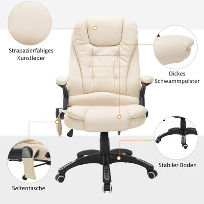 HOMCOM Massage Office Executive Chair with 6-Zone Massage & Heating, Ergonomic High Back Recliner with Adjustable Headrest, Lumbar Support, Height Adjustment, 360° Swivel & Sturdy Metal Base - Beige PU Leather for Home Offic