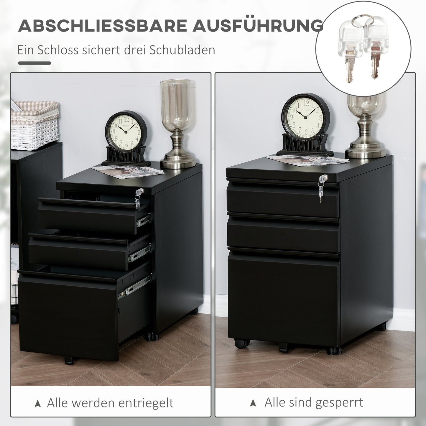 Rollcontainer – Ladenkast – Archiefkast – Bureaukast – Opbergkast – Zwart Stalen Bureaukast – 3 Laden Met Centrale Vergrendeling – 4 Zwenkwielen, Compact 39x48x60 cm