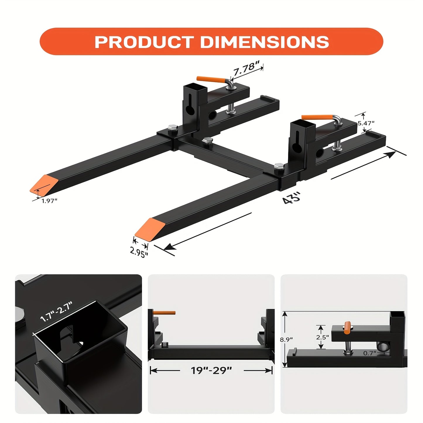 2000/4000/6000 Clamp-On Pallet Forks for Tractor Bucket - Heavy-Duty Quick Attach Bucket Forks with Adjustable Stabilizer Bar, Skid Steer & Loader Compatibility, Fits Attachments (No Tools/Compatible with Most Loader Buckets