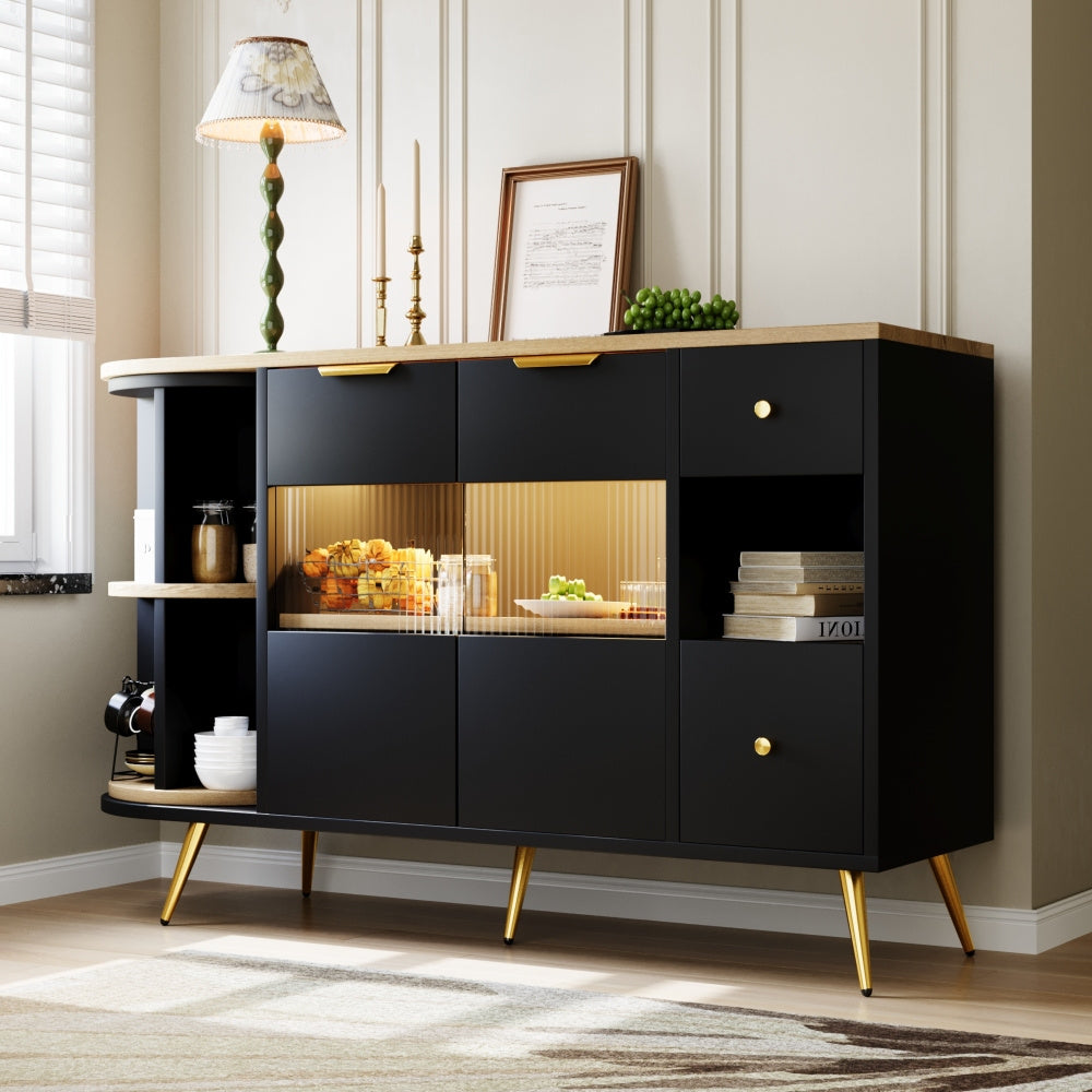 Dressoir – Opbergkast – Ladekast – Buffetkast – Wandkast – Zwart Met Schuifdeuren Van Glas – Vochtbestendig Niet-Houten Materiaal Met Gouden Accenten