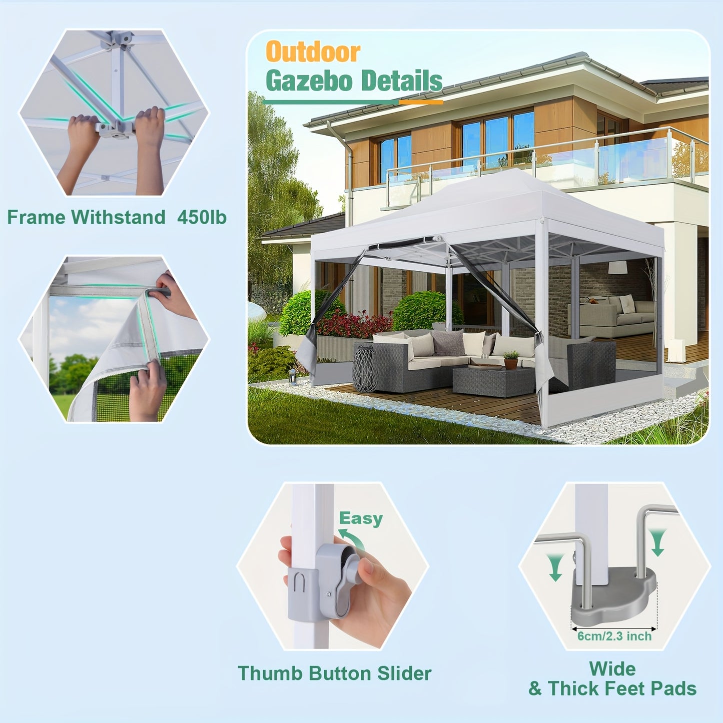 Partytent – Paviljoen – Opvouwbare Tent – Feesttent – Tuintent – 3x4,5 meter – Vier Afneembare Muskietennetwanden – Ademend Wit Doek