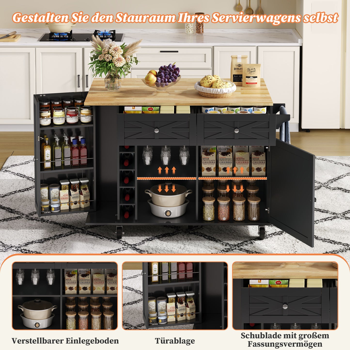 Keukentrolley – Keukenwagen – Serveerwagen – Keukenrek – Keukenkast – Inklapbaar Werkblad 70 cm – Stevig MDF Met Wieltjes Wit
