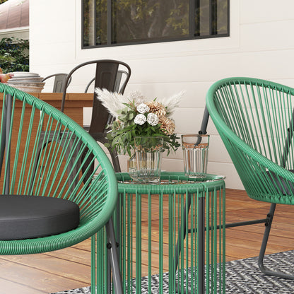 Tuinset – Bistroset – Loungeset – Tuinmeubelset – Balkonset – 3-delig – Ronde glazen tafel – Weerbestendig kunststof rattan met stalen frame – Inclusief zachte groene kussens