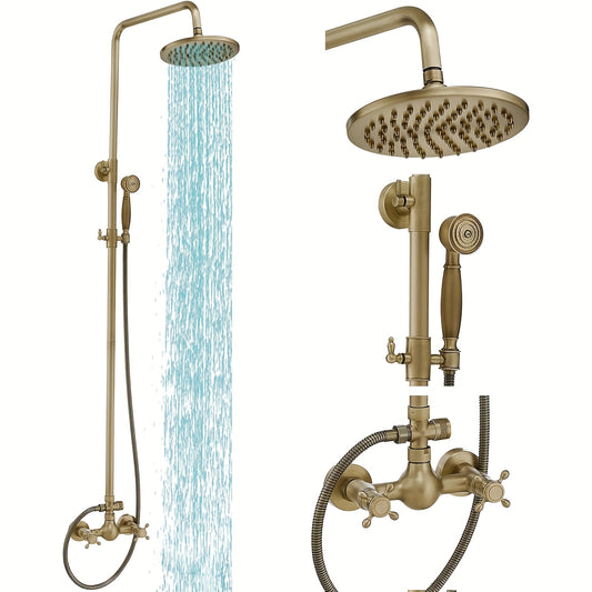 Vintage Antique Brass Shower Set - Wall-Mounted, European Style With Handheld Spray Head & 20.32 cm Round Head Spray Faucet, Hot & Cold Water Control For Luxurious Bathing Experience, Mother'S Day Gift Decoration