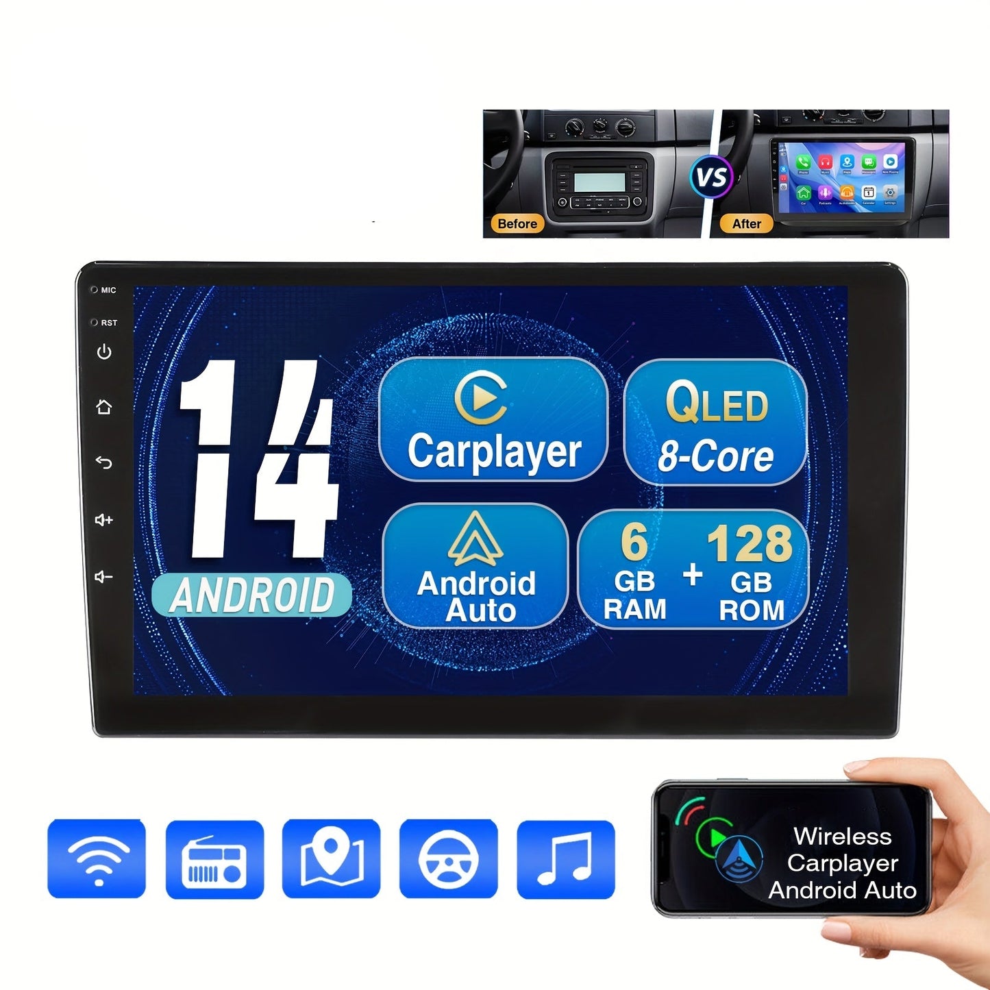 Multimedia Speler – Autoradio – Navigatiesysteem – 2 DIN Head Unit – Dashboard Entertainment – 10,1 Inch QLED HD Touchscreen – 6GB RAM & 128GB Opslag