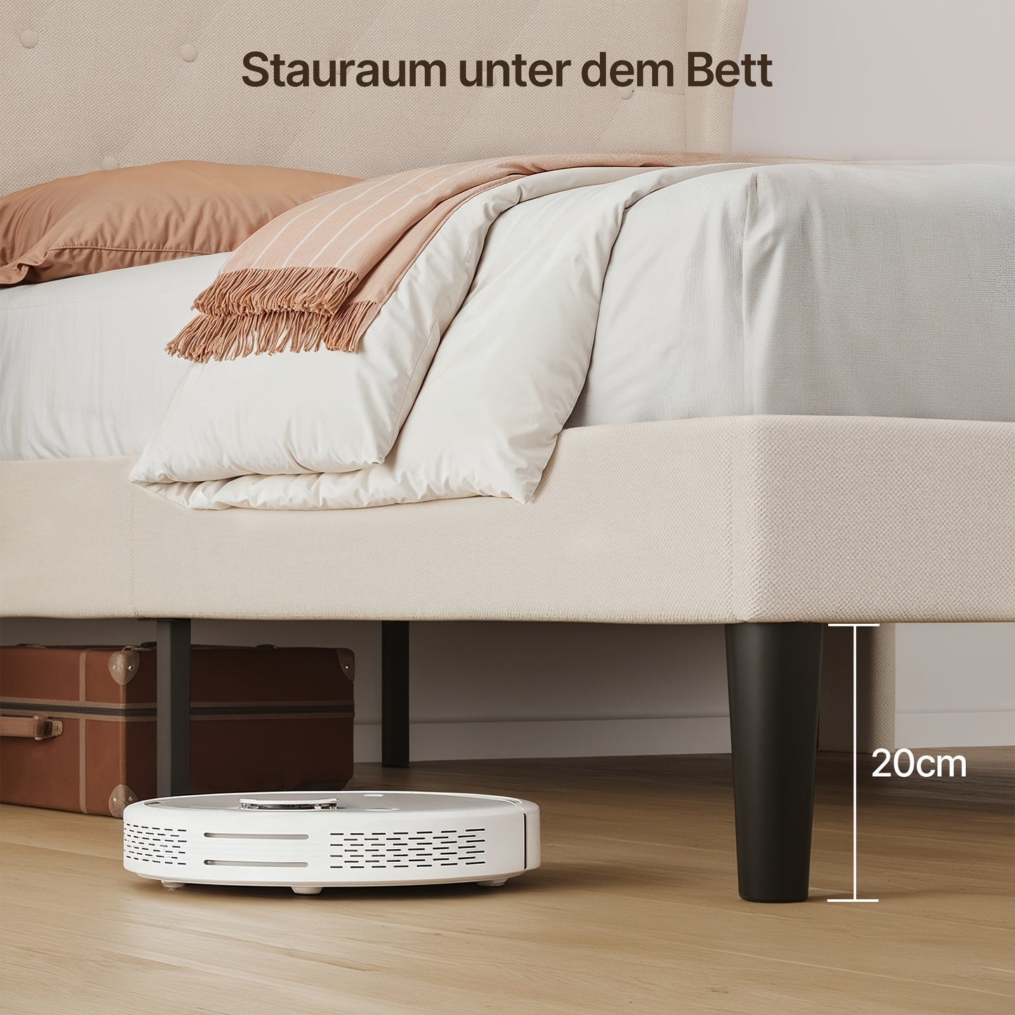 Bedframe – Bedombouw – Ledikant – Slaapbank – Bedbasis – Beige Kleur – Stevige Hardhout Metalen Constructie – 20 cm Opbergruimte Onder Bed