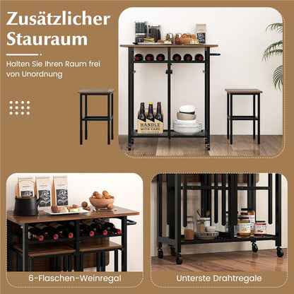Eettafelset – Eettafel – Eethoek – Keukentafelset – Zitgroep – Uitschuifbare Tafel – Met Wijnrek en Opbergruimte – Verrijdbaar met Wieltjes – Inklapbaar