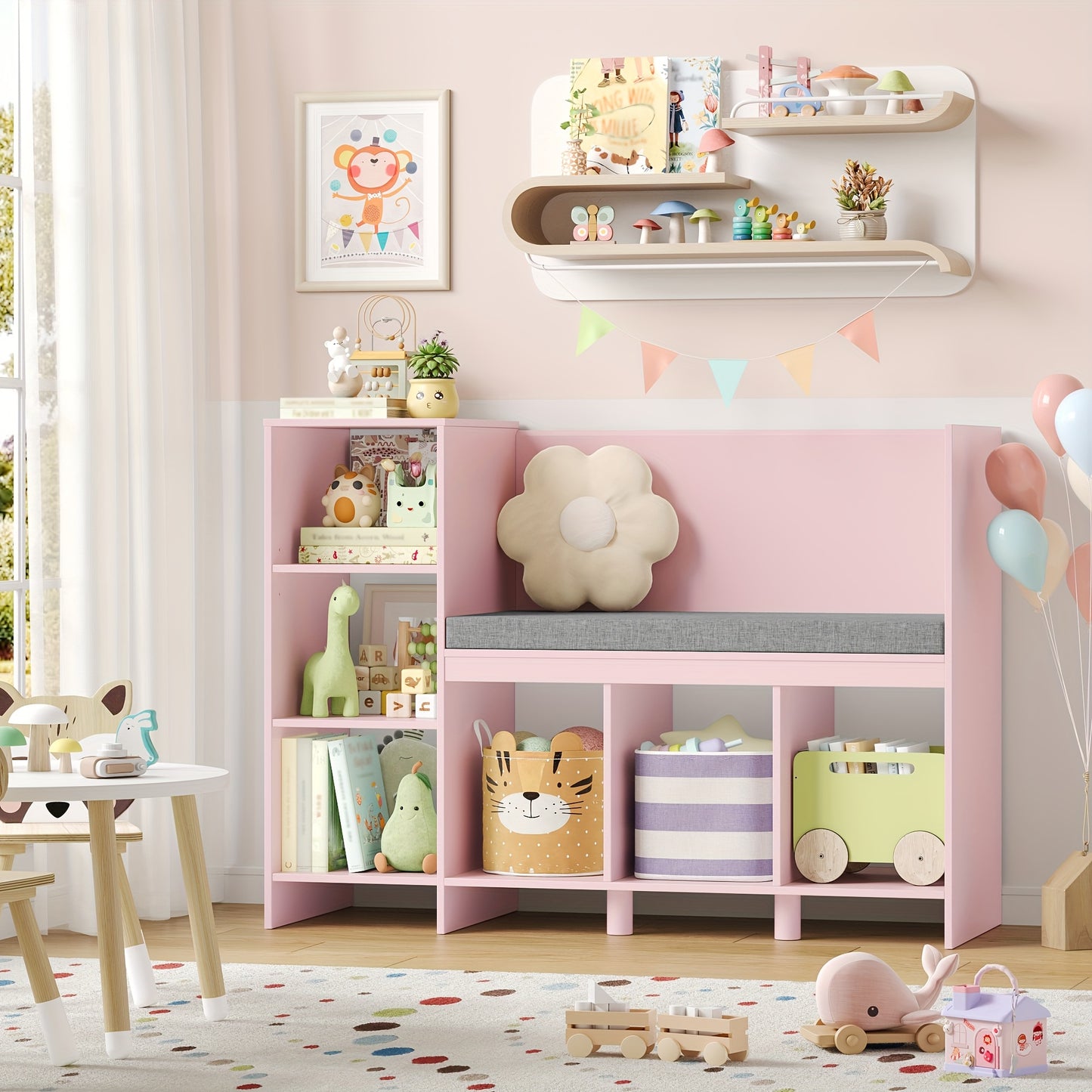 Boekenkast – Boekplank – Opbergkast – Speelgoedkast – Zitbank – Roze – 6 Kubussen – MDF Materiaal