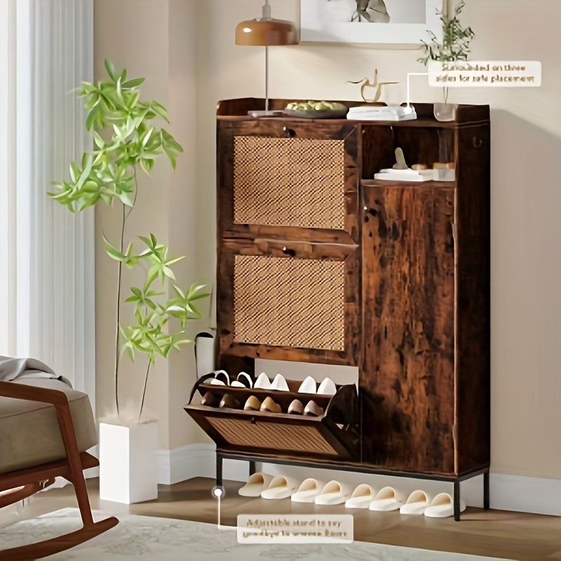 Schoenenkast – Schoenenrek – Schoenenopberger – Halmeubel – 3 Lades Met Rieten Front – Verstelbare Planken & Metalen Knoppen – Smal Vrijstaand Design – Vintage Stijl