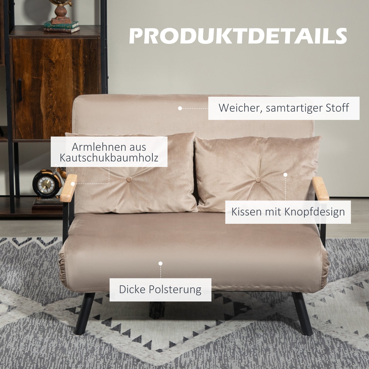 Slaapstoel – Slaapzetel – Logeerstoel – Bedstoel – Campingstoel – Met Houten Armleuningen – Stevig Metalen Frame – Max 120 kg – Lichtbruin – Compact 102x73x81 cm
