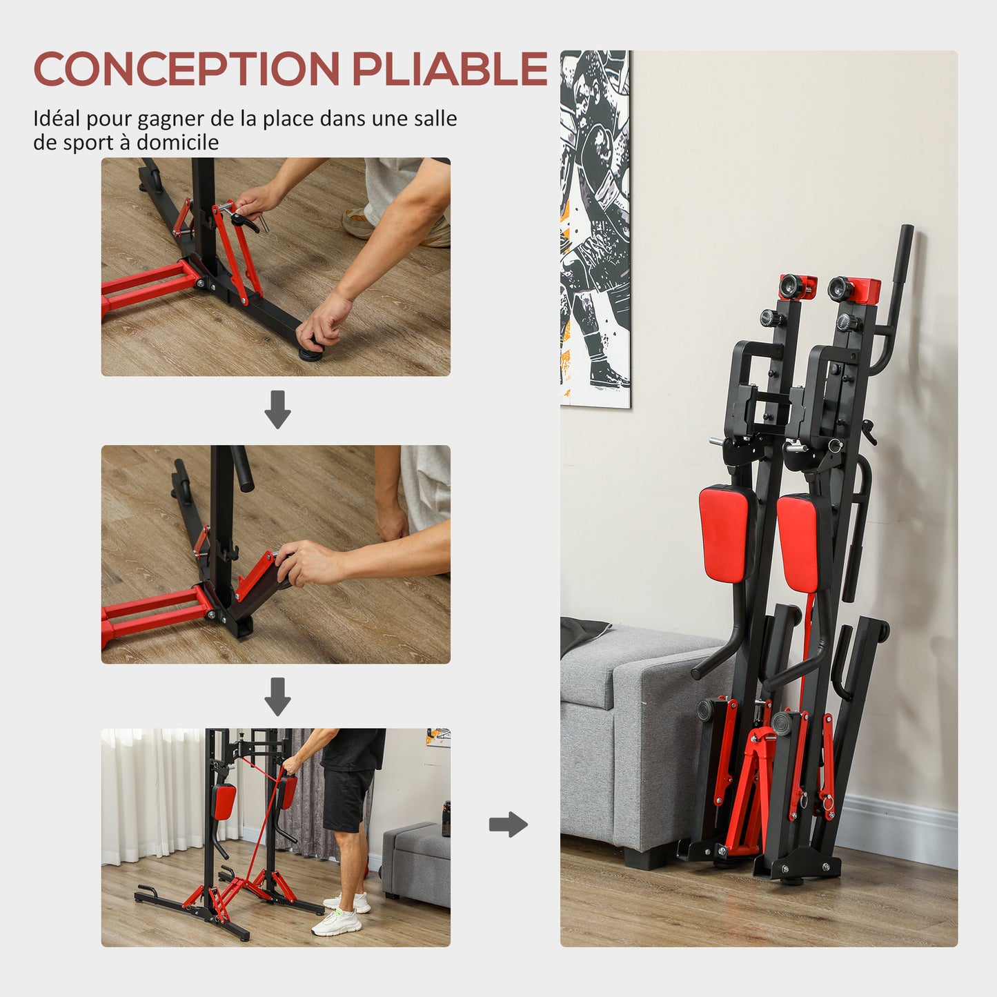 Pull-up Bar – Optrekstang – Dips Station – Fitness Rek – Trainingsstation – Inklapbaar – Verstelbare Hoogte 127-223 cm – Staal Zwart/Rood