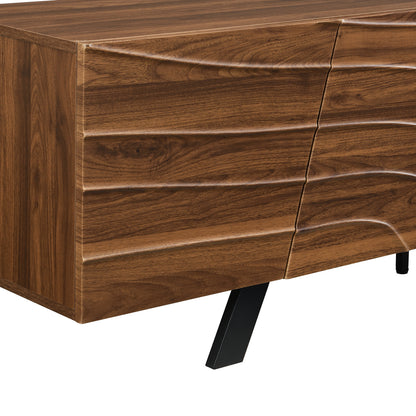 Modern Wave-Front TV Stand with Walnut-Grain Cabinet & Black Wrought-Iron Legs - Metal Entertainment Center with Cable Management, Shelving & Ample Storage Suitable for, Entryway (160×39×50.5cm)