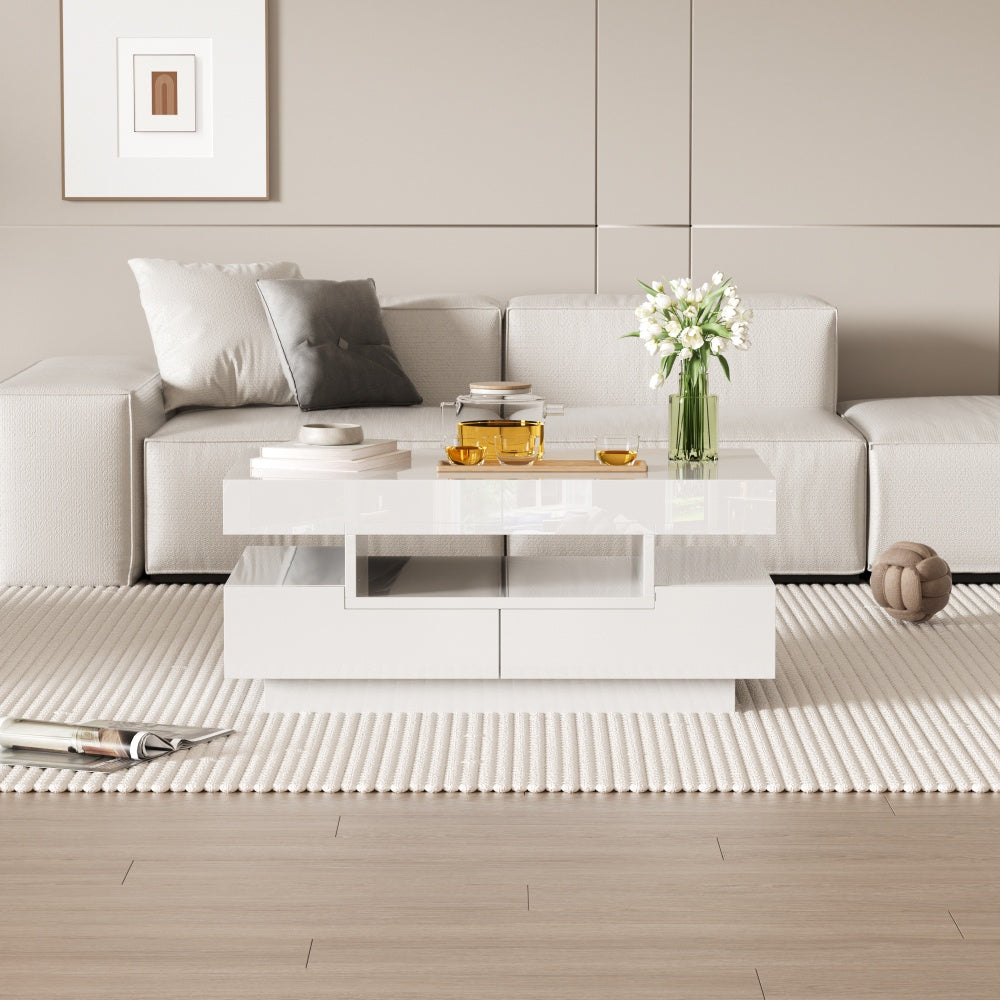 Salontafel – Koffietafel – Bijzettafel – Woonkamertafel – Opbergtafel – Hoogglans Wit – 4 Lades – Ruime Opbergruimte – Duurzaam Samengesteld Hout – Geen Montage Nodig