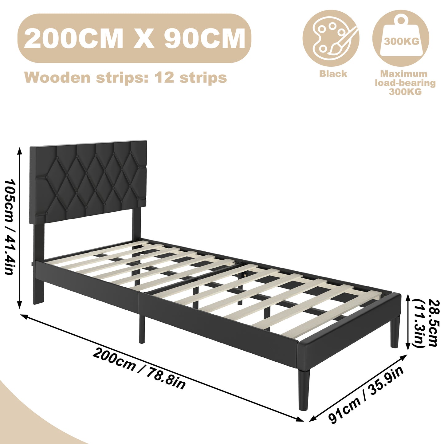 Modern Upholstered Bed: 90/140/160x200 cm with Soft Fabric, Sleek Minimalist Style, and 300kg Load Capacity in Black/Beige Leather style