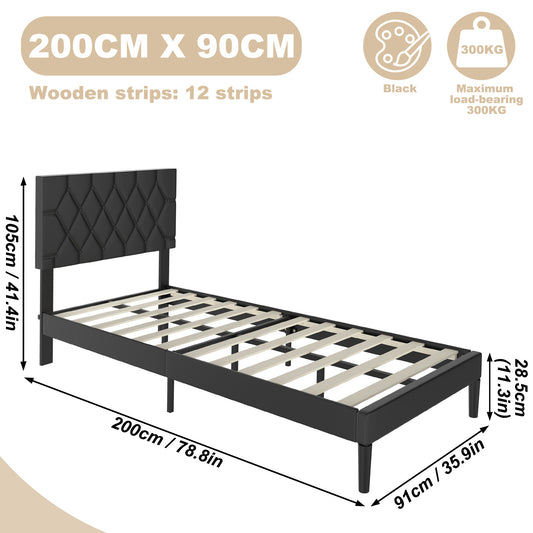 Modern Upholstered Bed: 90/140/160x200 cm with Soft Fabric, Sleek Minimalist Style, and 300kg Load Capacity in Black/Beige Leather style