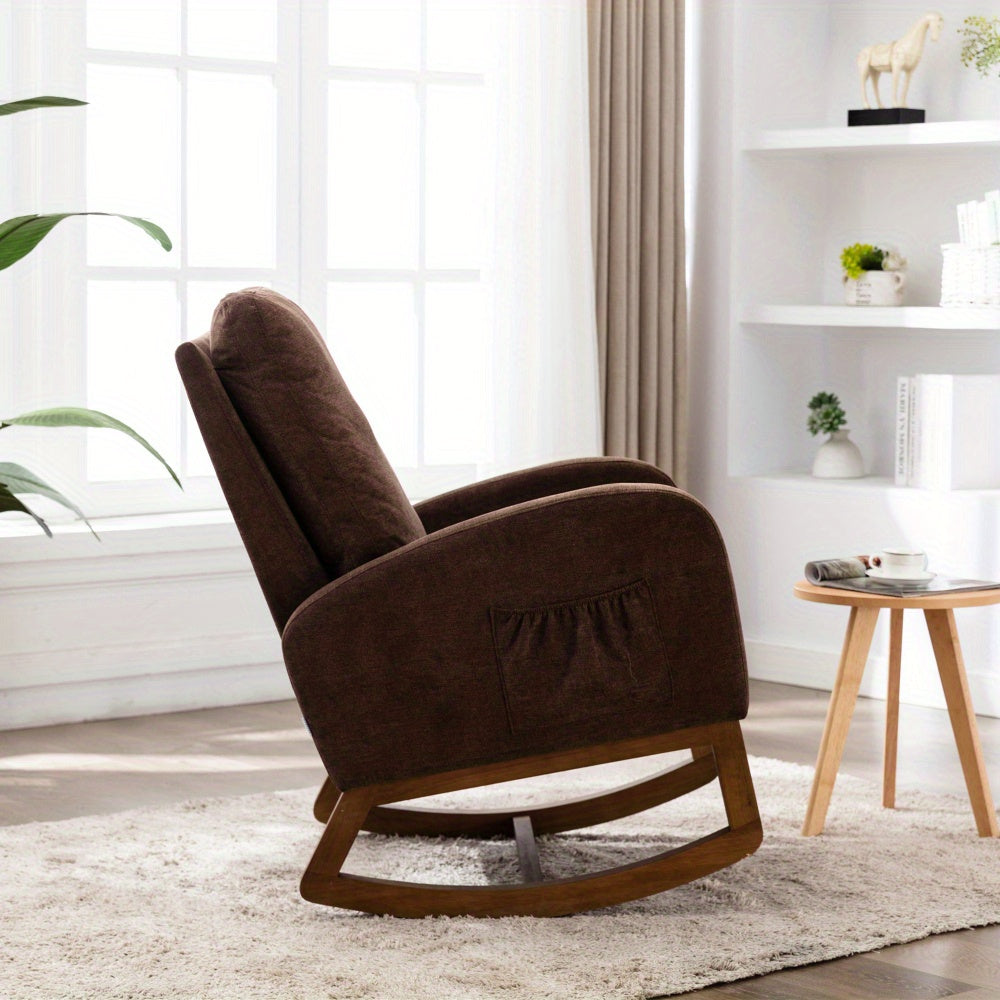 Schommelstoel – Relaxstoel – Fauteuil – Loungestoel – Accentstoel – Mid-Century Modern Design – Hoog Gewatteerd Rugkussen – Koffiebruin Met Memory Foam