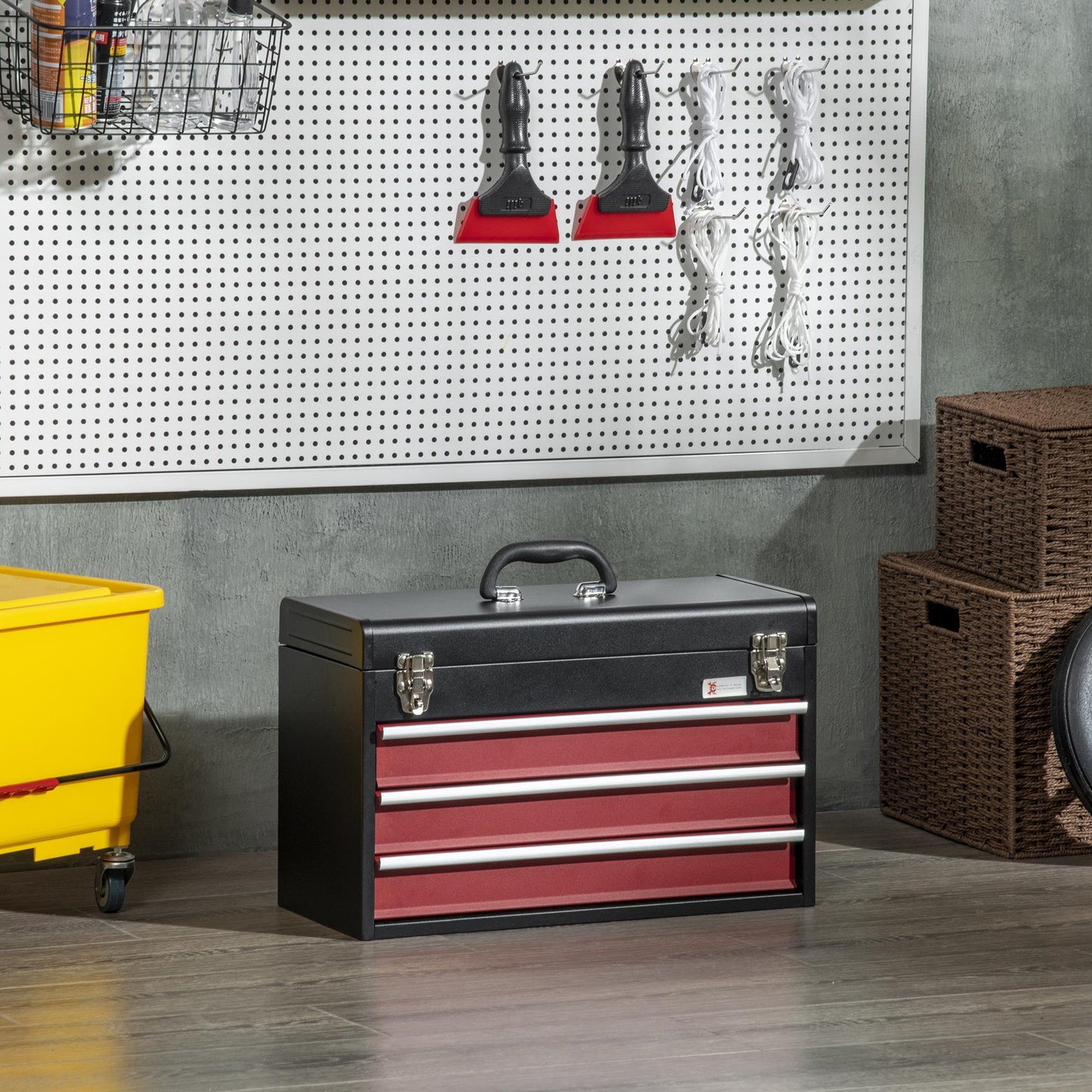 Gereedschapskist – Gereedschapskoffer – Toolbox – Opbergkist – Gereedschapsbox – 3 Laden Met Slot – Stalen Zwarte Kast Met Rood