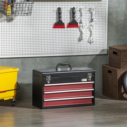 Gereedschapskist – Gereedschapskoffer – Toolbox – Opbergkist – Gereedschapsbox – 3 Laden Met Slot – Stalen Zwarte Kast Met Rood