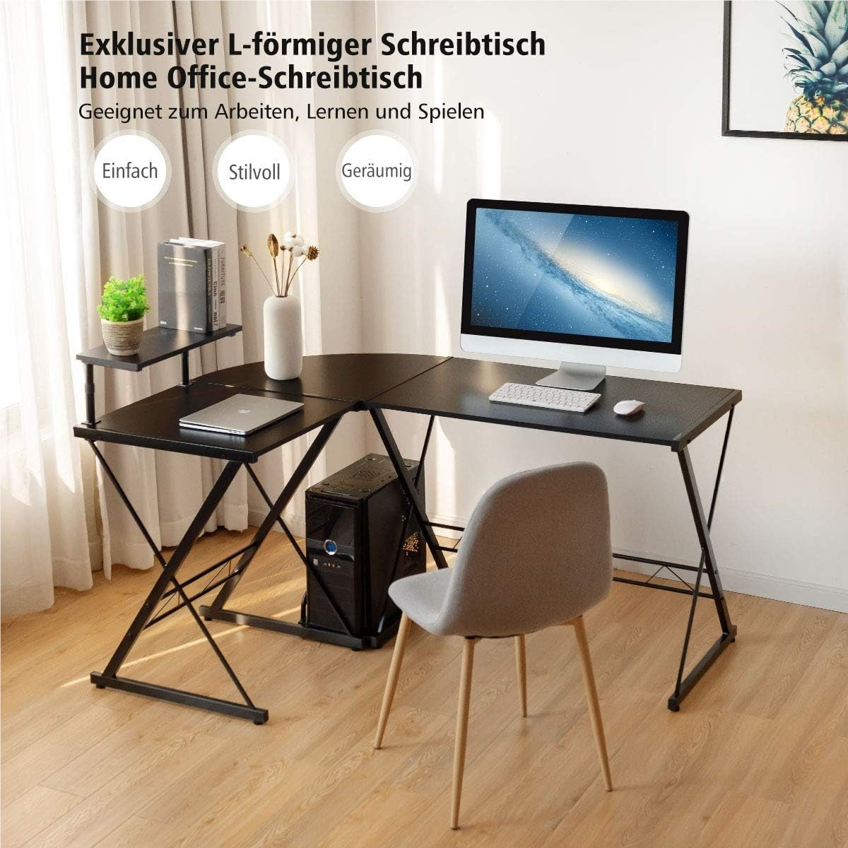 Computertafel – Hoekbureau – Bureaumeubel – Werkplektafel – L-vormig Bureau – Houten Tafelblad – Verstelbare Poten – Met Monitorstandaard en Opbergrek