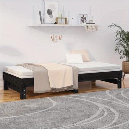 Uitklapbed – Opklapbed – Logeerbed – Eenpersoonsbed – Zithoekbed – 2x 90x200 cm – Massief Grenenhout – Ruimtebesparend Zwart Design