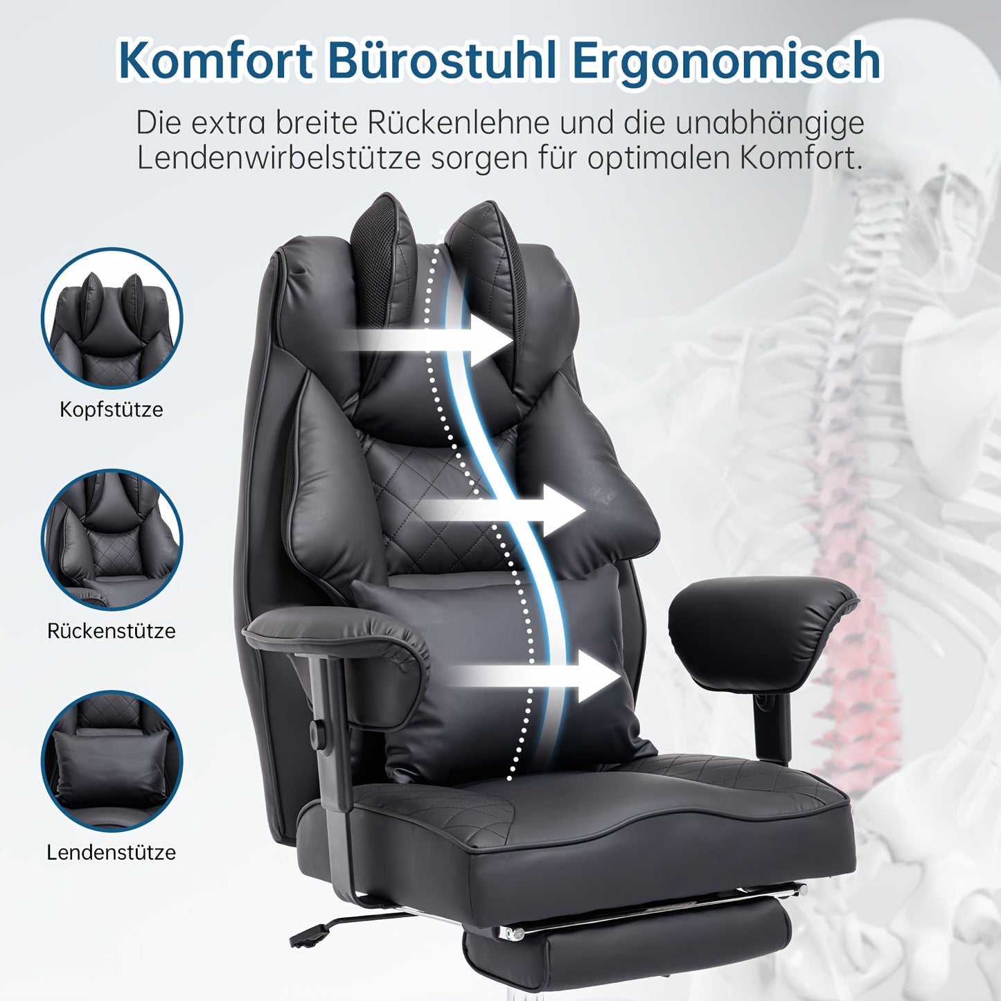 Ergonomische Bureaustoel – Kantoostoel – Gamestoel – Werkstoel – Executive Stoel – Verstelbare Zithoogte – Uitschuifbare Voetensteun – Mesh Zwart – Draagvermogen 200 kg