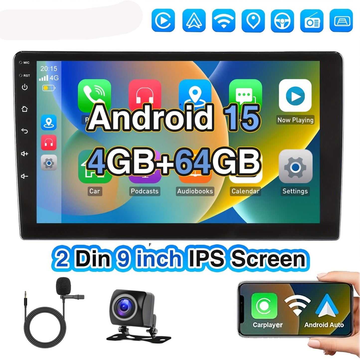 9-inch Android autoradio – 2DIN multimedia speler – universele car stereo – auto radio – touchscreen head unit – Met achteruitrijcamera & microfoon – 4GB RAM 64GB opslag – Android 15 systeem