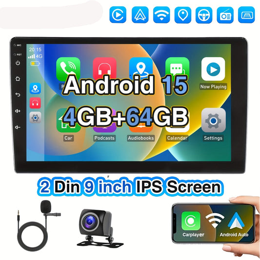 9-inch Android autoradio – 2DIN multimedia speler – universele car stereo – auto radio – touchscreen head unit – Met achteruitrijcamera & microfoon – 4GB RAM 64GB opslag – Android 15 systeem