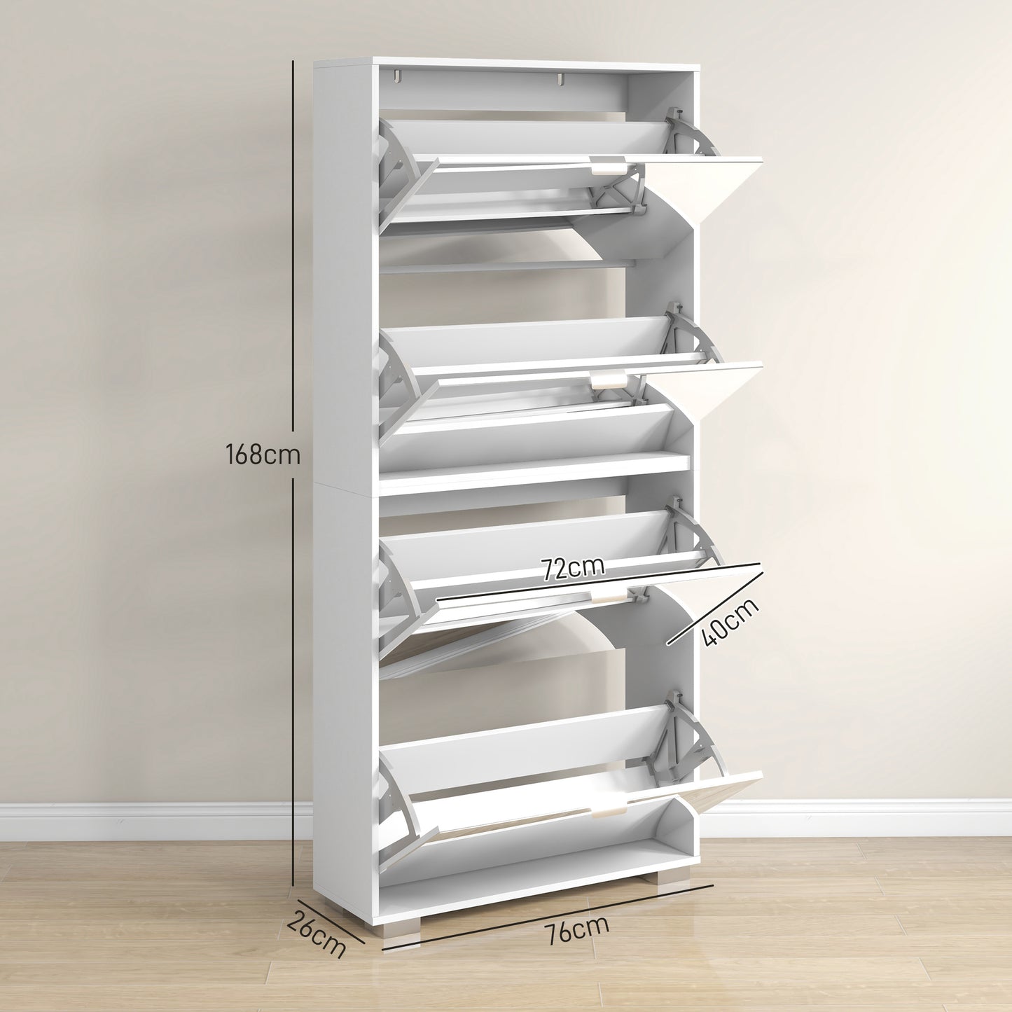 Schoenenkast – Schoenenrek – Schoenenopberger – Hal meubel – 2-in-1 met smalle spiegel – 4 draaideuren met verstelbare planken – Compact 76x26x168 cm – Wit