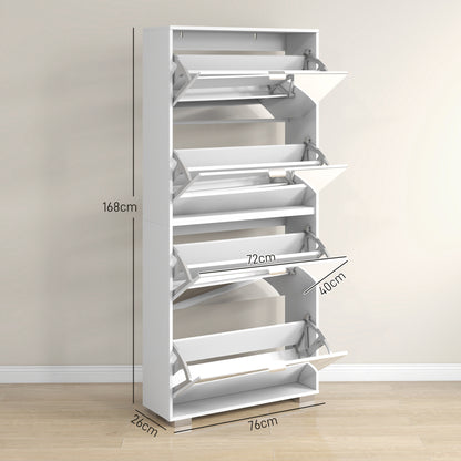 Schoenenkast – Schoenenrek – Schoenenopberger – Hal meubel – 2-in-1 met smalle spiegel – 4 draaideuren met verstelbare planken – Compact 76x26x168 cm – Wit
