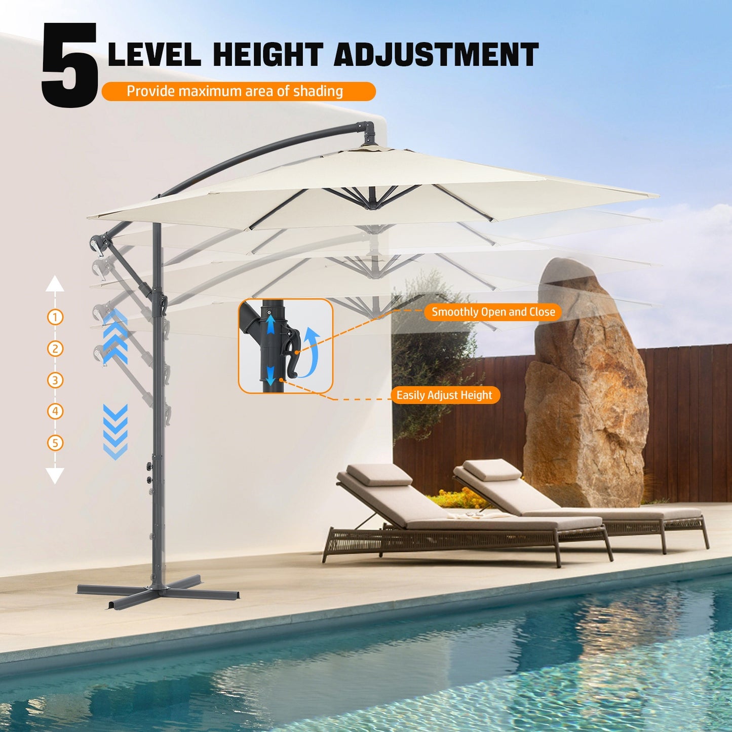 3x2m Cantilever Parasol with Cross Base - Heavy-Duty Outdoor Patio Umbrella, Manual Crank Handle, 6-Rib Stability, Adjustable Height & Tilt, Beige Canopy for Pool, Garden, Balcony, Commercial/Residential Use - Easy Installati