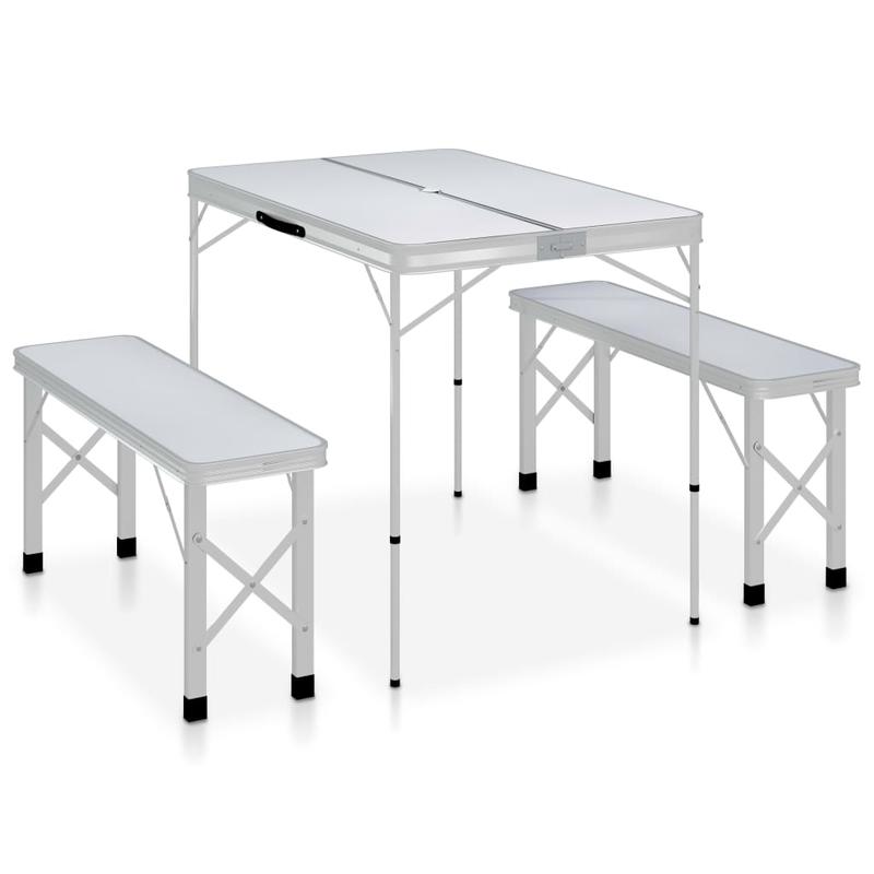 Compact Opvouwbare Campingtafel – Draagbare Campingtafel – Picknicktafel – Tafel Met Bankjes – Aluminium & MDF – Lichtgewicht En Weerbestendig - Wit