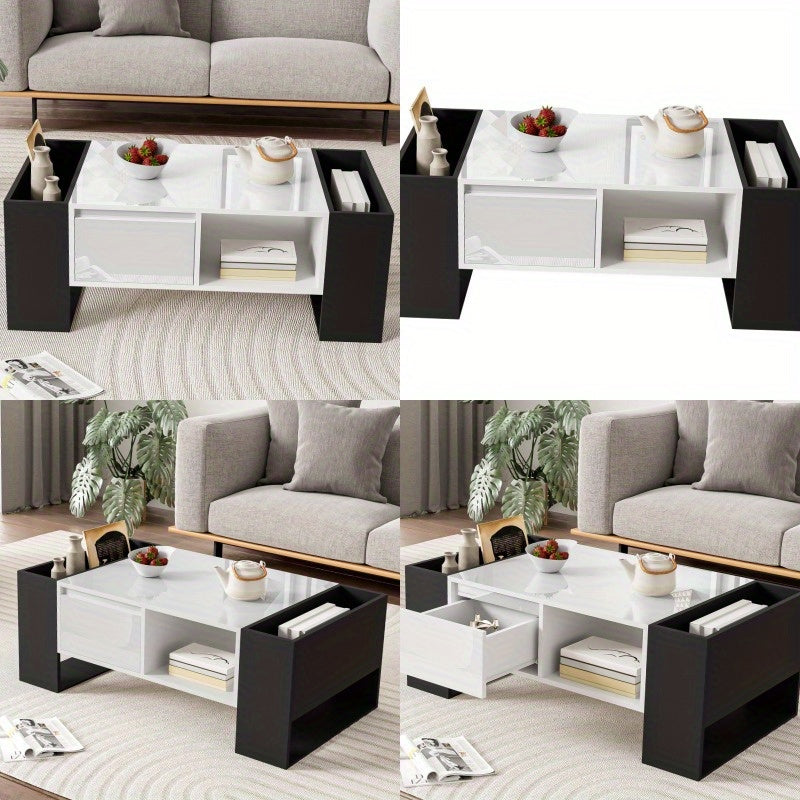 Salontafel – Koffietafel – Woonkamertafel – Tafeltje – Bijzettafel – Modern Design – Hoogglans Zwart – Metaal – Opberglade – 105x60x40,5 cm