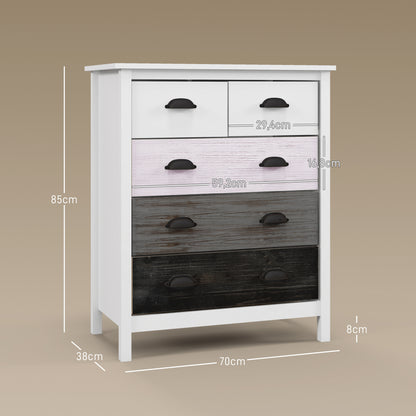 Ladekast – Dressoir – Kast – Opbergkast – Commode – Wit – 5 Lades – MDF En Dennenhout – Compact Formaat 70x38x85 cm