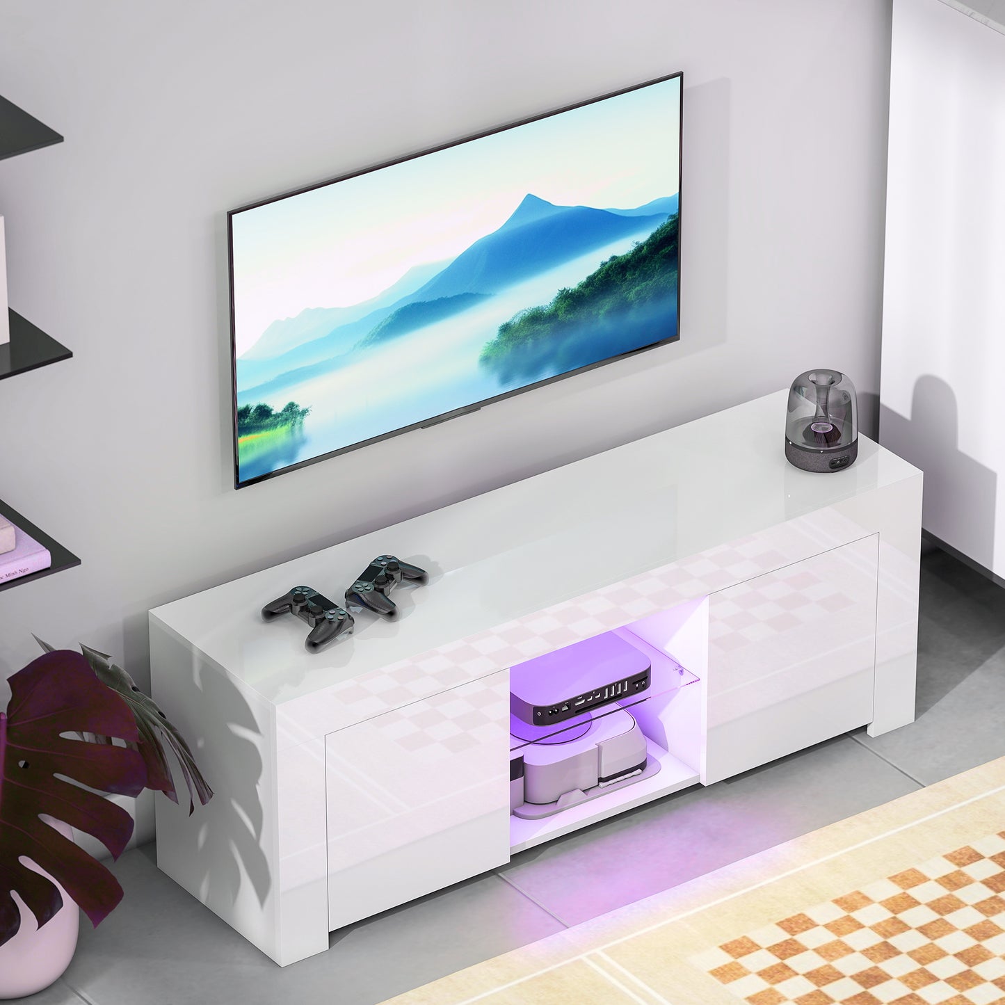 Tv-meubel – TV-kast – Media-meubel – Dressoir – Lowboard – Wit Spaanplaat – LED-verlichting – Glazen Plank – 2 Deuren – Kabeldoorvoer