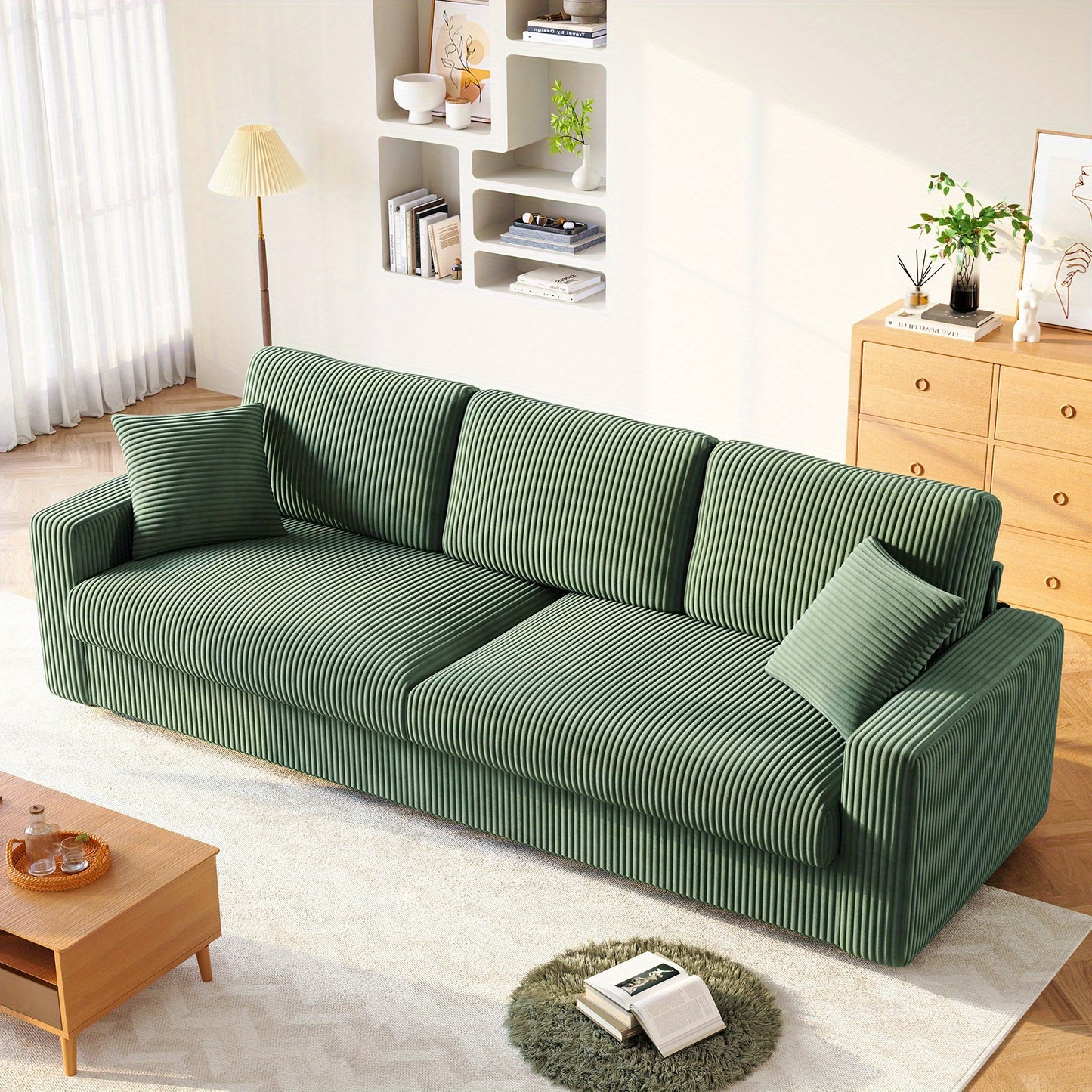 4-Zits Corduroy Sofa – Bank – Hoekbank – Zitslaapbank – Bankstel – Groen – 256 cm Breed – Duurzame Corduroy Stof – Inclusief 2 Decoratieve Kussens