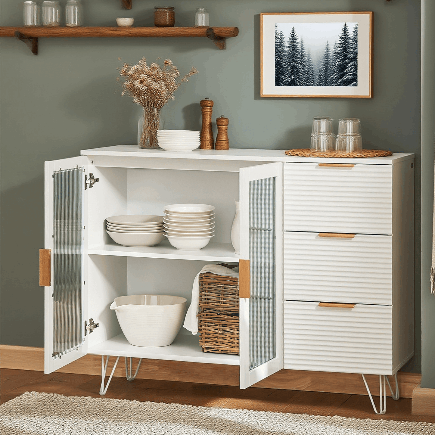 Keukenkastje – Keukenkast – Opbergkast – Buffetkast – Ladeskast – Wit Met Gouden Details – 3 Lades En 2 Glazen Deuren – MDF En Metaal
