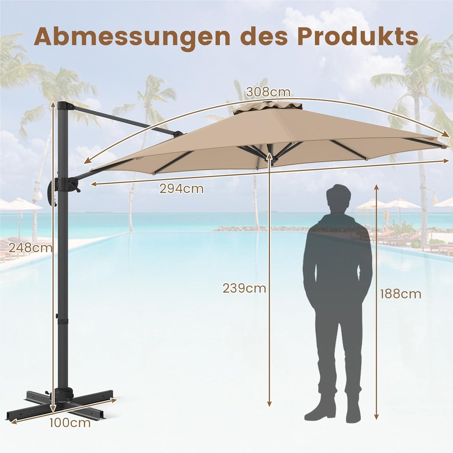 Parasol – Zweefparasol – Stokparasol – Tuinparasol – Balkonparasol – Rond – 300 x 300 cm – 360° Draaibaar Met Voetpedaal