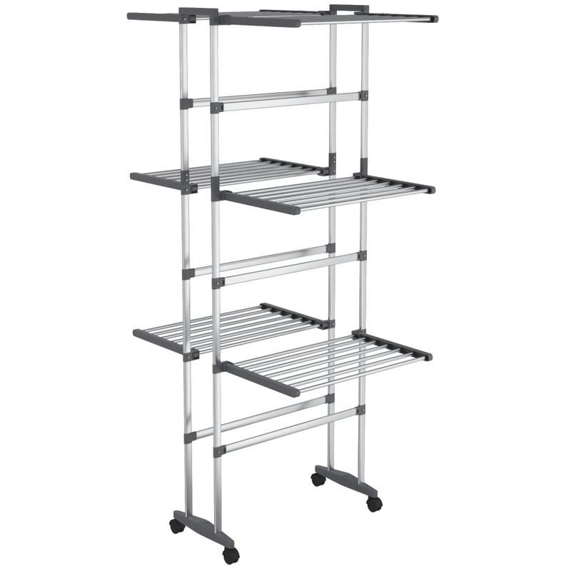 Droogrek – Droogstandaard – Wasrek – Kledingdroger – Driedelig Rek – Aluminium – Met Wieltjes – Inclusief Wasknijpers – Compact 60x70x129 cm – Roestvrij