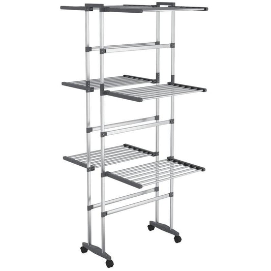 Droogrek – Droogstandaard – Wasrek – Kledingdroger – Driedelig Rek – Aluminium – Met Wieltjes – Inclusief Wasknijpers – Compact 60x70x129 cm – Roestvrij