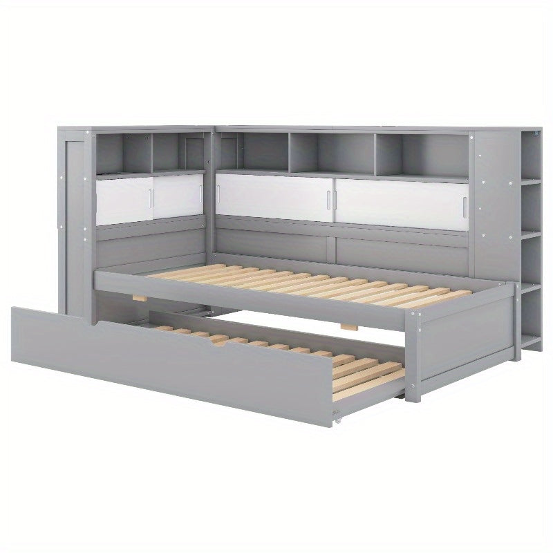 Daybed Grijs – Bedbank – Slaapbank – Logeerbed – Kinderbed – Met Uitschuifbaar Bed – Opbergruimte – 90x200 & 90x190 cm – Zonder Matras