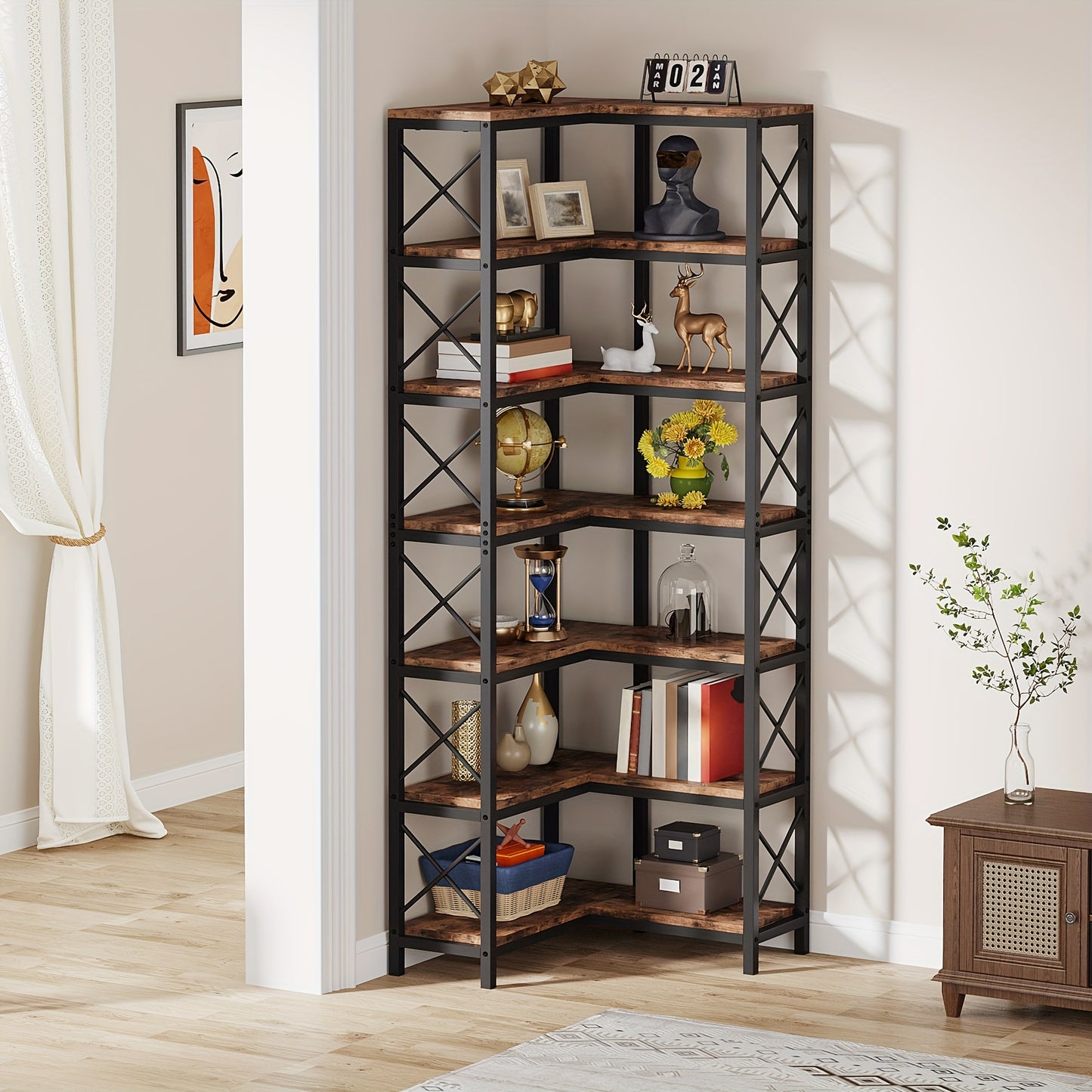 Boekenrek – Boekenkast – Hoekboekenplank – Opbergkast – Vakkenkast – 7-laags – Industrieel design – Metaal & Hout – 60x60x201 cm – 11,34 kg draagvermogen per plank