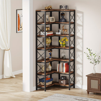 Boekenrek – Boekenkast – Hoekboekenplank – Opbergkast – Vakkenkast – 7-laags – Industrieel design – Metaal & Hout – 60x60x201 cm – 11,34 kg draagvermogen per plank