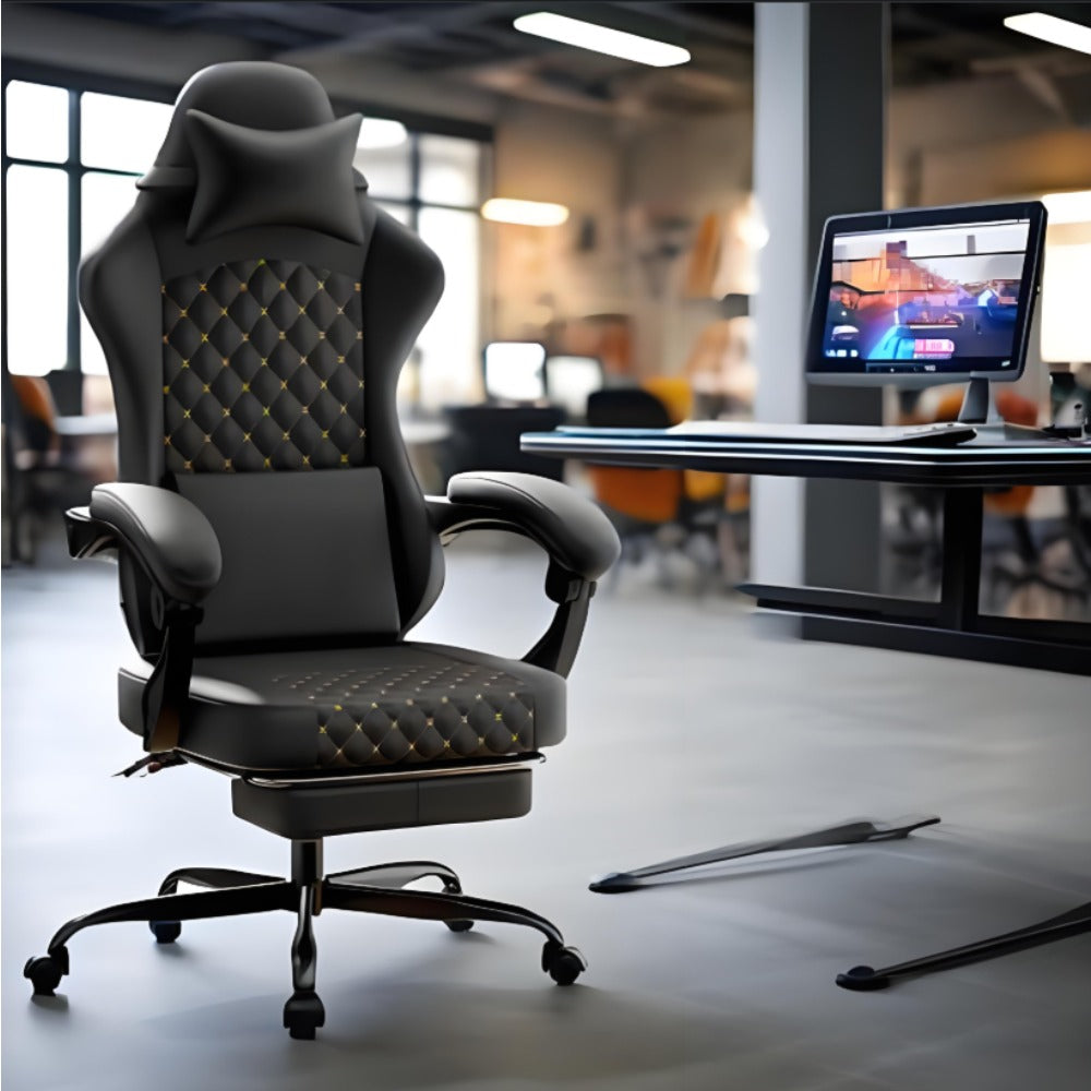 Ergonomically Designed Gaming Chair | Leather Upholstered with Massage Function and Footrest, Supports up to 150kg, Enhances Comfort for Gaming and Office Use, Black