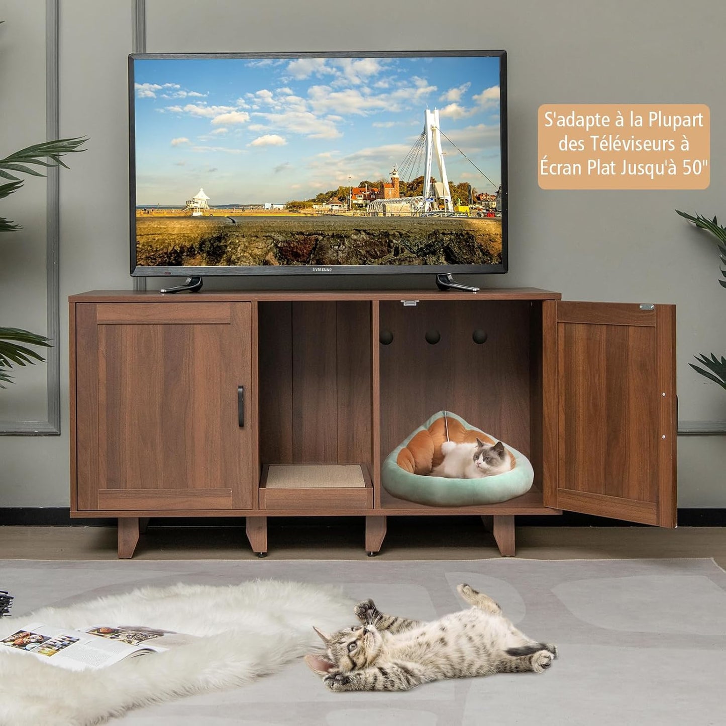 Kattenbak Meubel – Kattenbak Verstopplek – Kattenhuis – Kattenmeubel – Kattenbak Kast – Bruin – Privacy En Gesloten Ontwerp – Inclusief Krabpaal