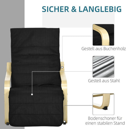 Draaifauteuil – Schommelstoel – Relaxstoel – Lounge Stoel – Vintage Design – Verstelbare Voetensteun – Zwart Met Gouden Berkenhout – Comfortabele Acetaat Bekleding