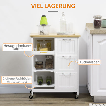 Keukenwagen – Keukentrolley – Serveerwagen – Keukenmeubel – Werktafel – Landelijke Witte Stijl – 3 Grote Lades – 4 Wieltjes Voor Makkelijk Verplaatsen