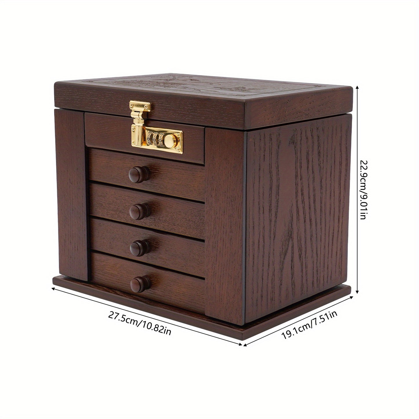 Goodslinesshop WooDerson 5-Tier Brown Wooden Jewelry Box with Password Lock & Carvings Design - 4-Drawer Large Capacity Jewelry Organizer with Mirror, Soft Lining & Golden-Toned Hardware, Elegant Desktop Storage for Earrings,