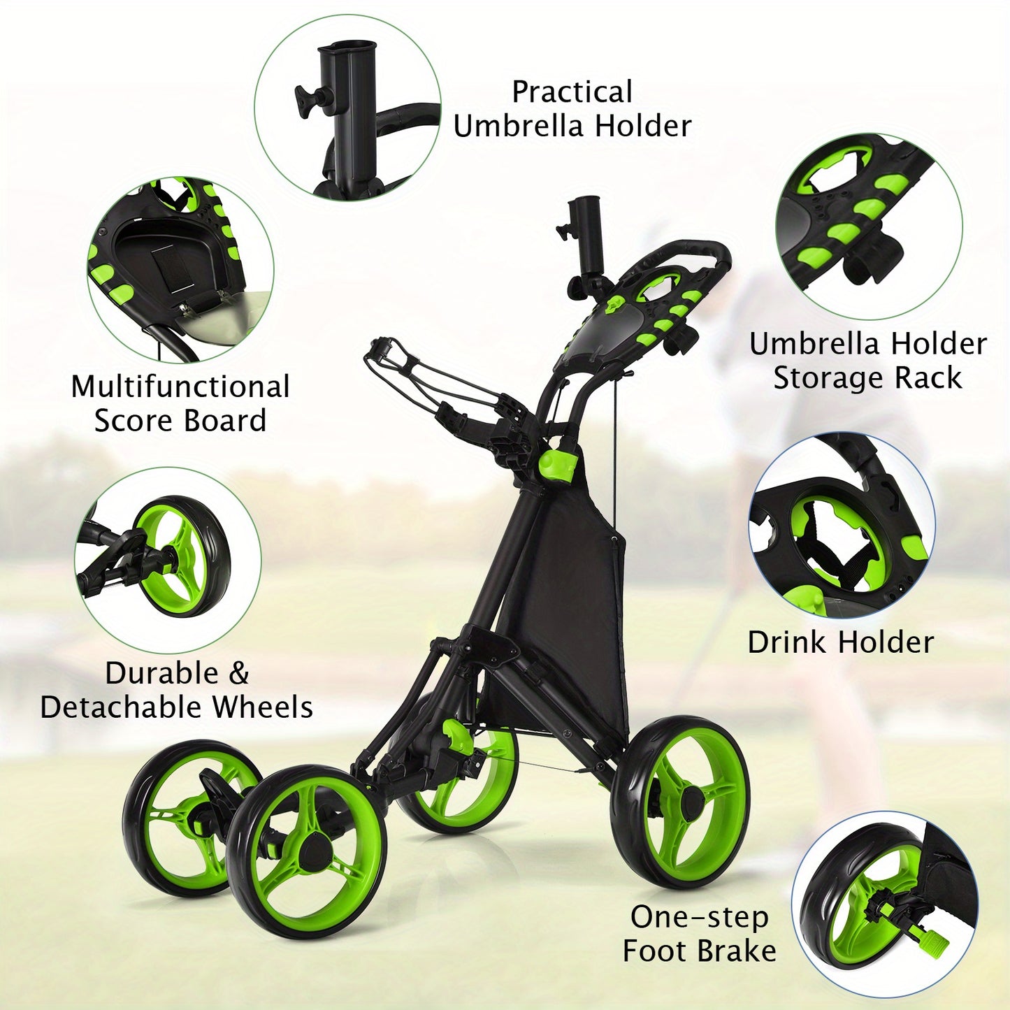 Golf trolley – Golfkar – Golfbuggy – Golftrolley – Golfwagen – Lichtgewicht aluminium frame – Verstelbaar handvat met voetrem – Lichtgroen