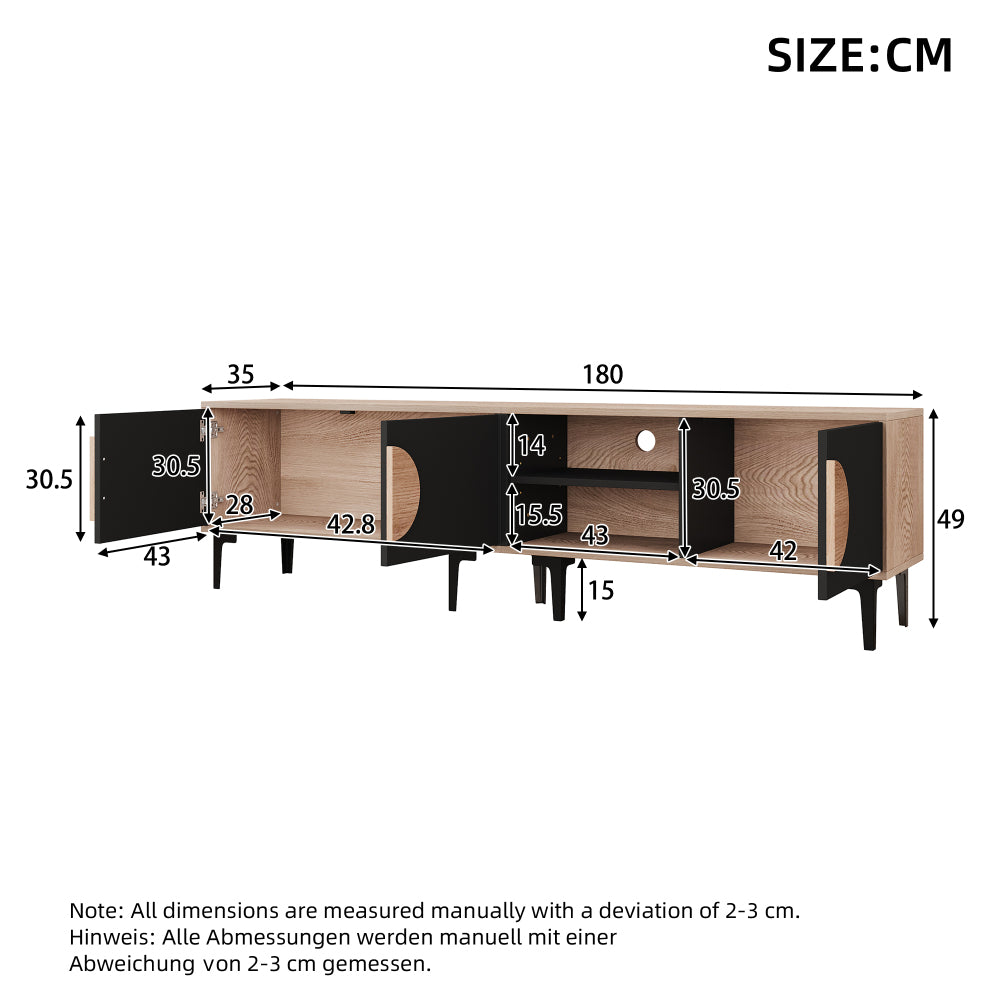 Modern TV Stand Compatible for 80-Inch TVs - Low Profile Media Console with 2 Cupboards & Open Shelves, Heavy-Duty Metal Frame, Assembly, Living Room Entertainment (180x35x49cm)